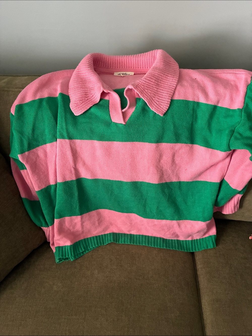Pink & Green Striped Collared Knit Sweater
